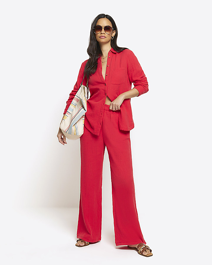 Red textured wide leg trousers