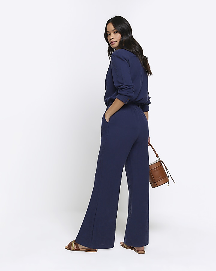 Navy textured wide leg trousers
