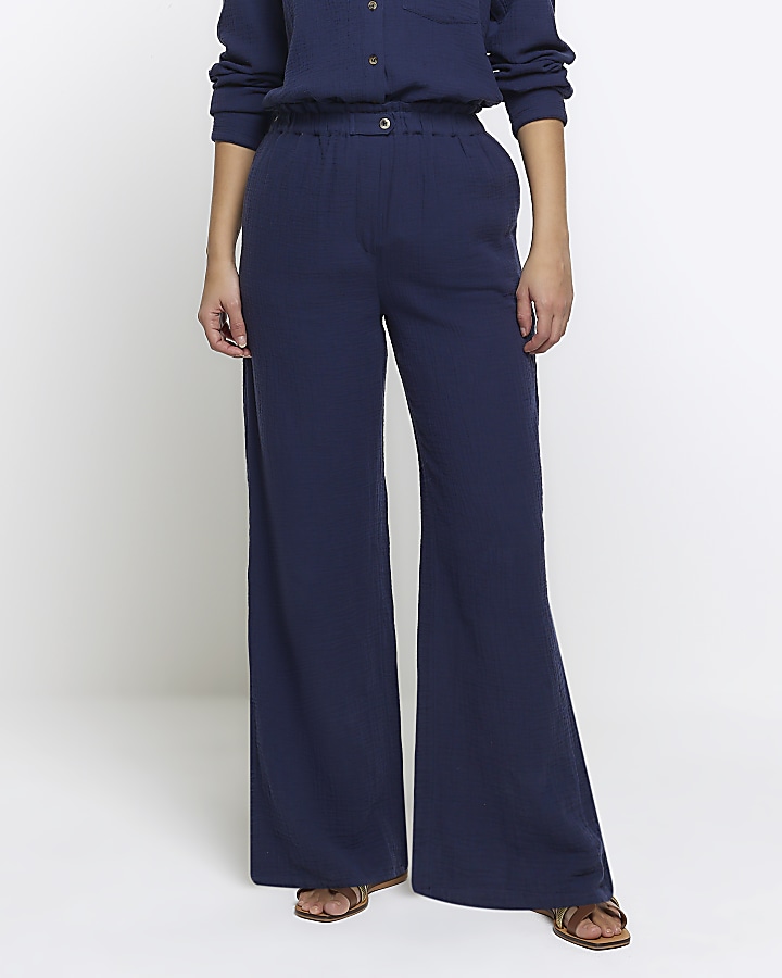 Navy textured wide leg trousers