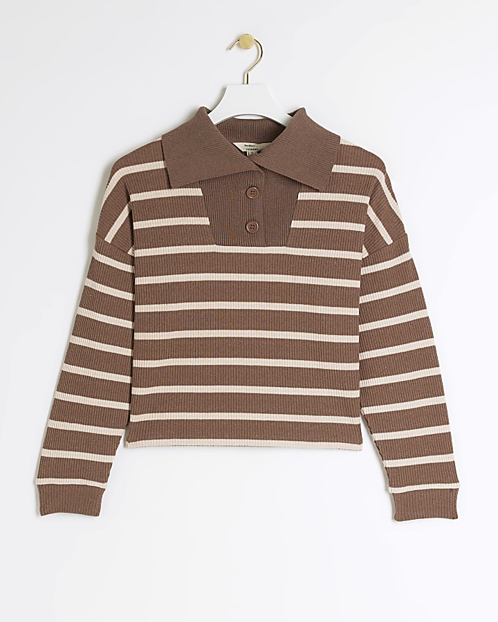 Brown ribbed stripe crop polo top