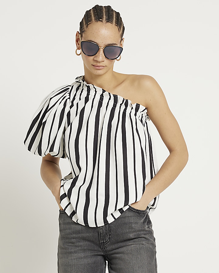 Black linen blend stripe one shoulder top