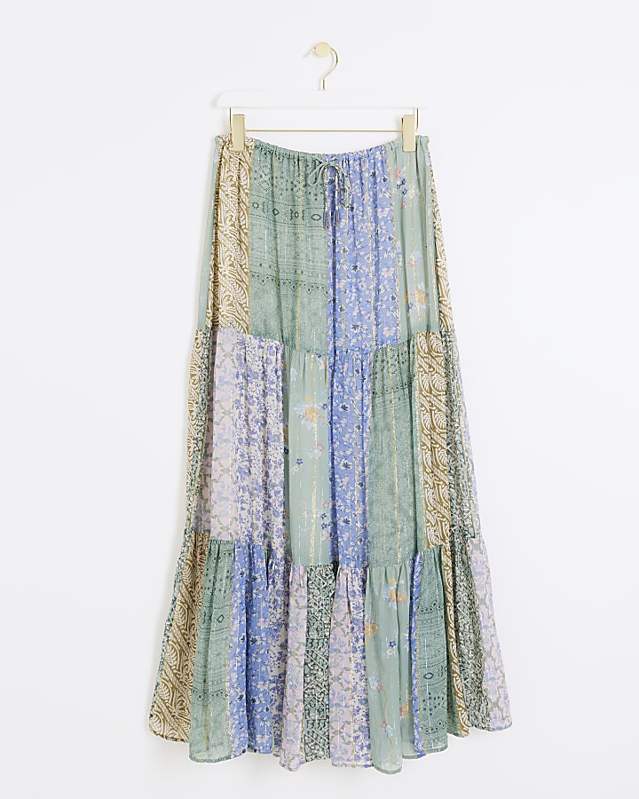 Blue patchwork floral maxi skirt