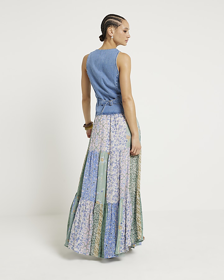 Blue patchwork floral maxi skirt