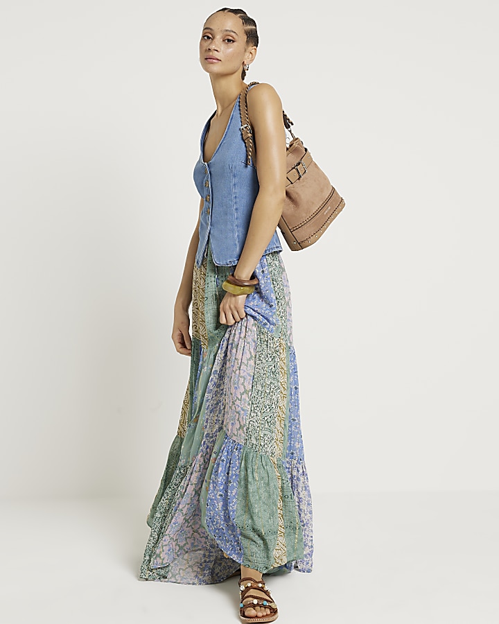 Blue patchwork floral maxi skirt