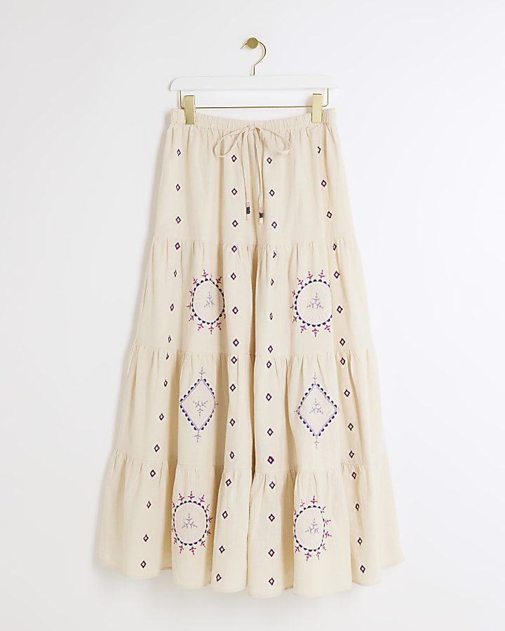 Cream Embroidered Tiered Maxi Skirt