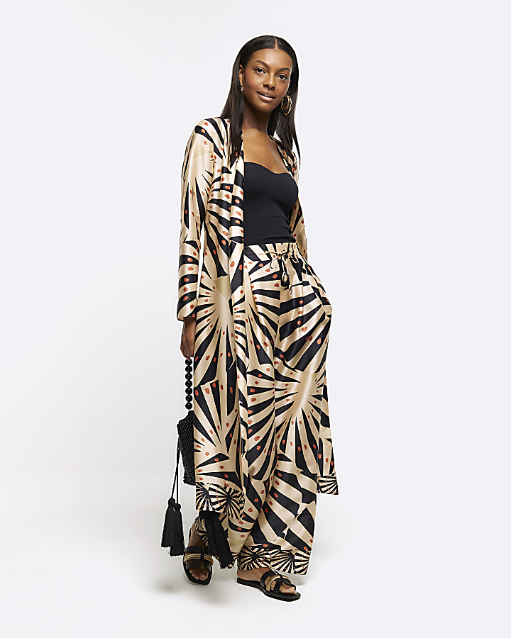 Stone satin stripe longline duster coat