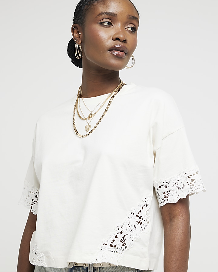 Beige Bead Decorated Cotton T-Shirt