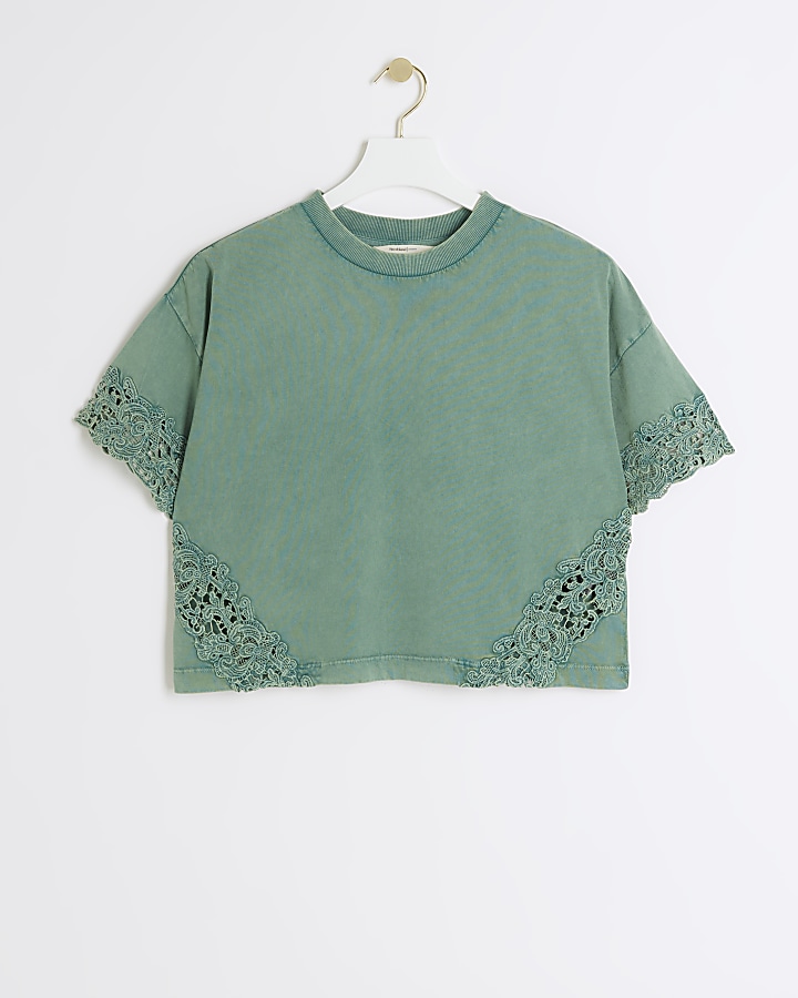 Green lace panel t-shirt