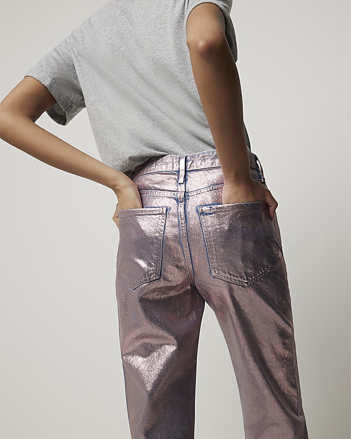 Pink metallic stove pipe straight jeans