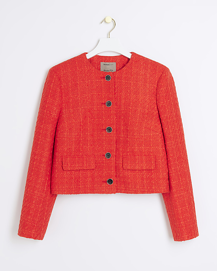 Red Boucle Crop Trophy Jacket | River Island