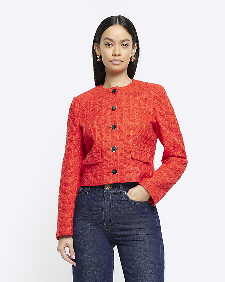 Red Boucle Crop Trophy Jacket | River Island