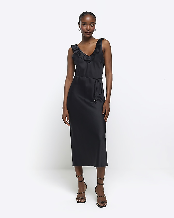 Black satin frill trim slip midi dress