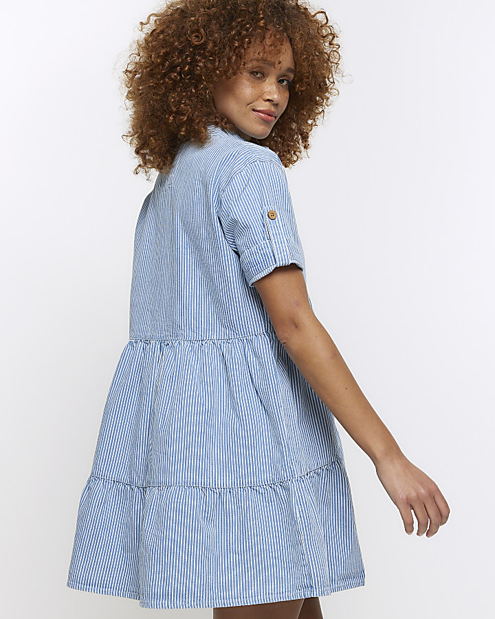 Blue stripe smock mini shirt dress