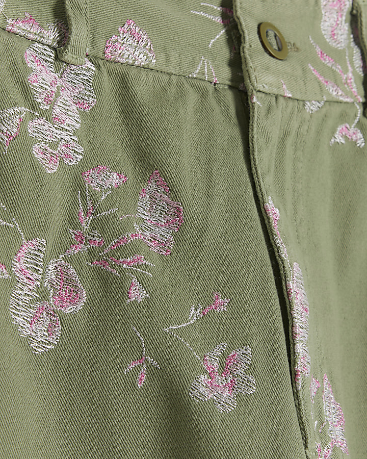 Khaki embroidered floral cargo trousers