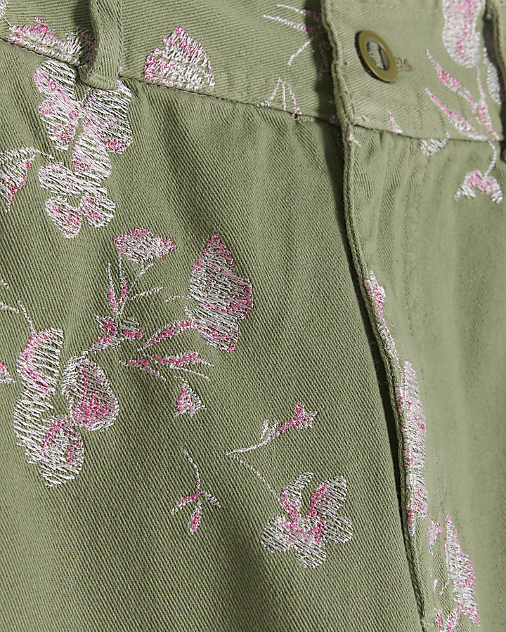 Khaki embroidered floral cargo trousers River Island