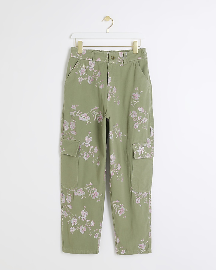 Khaki embroidered floral cargo trousers River Island