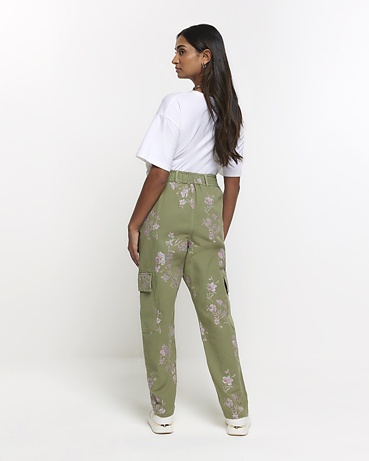 Khaki embroidered floral cargo trousers River Island