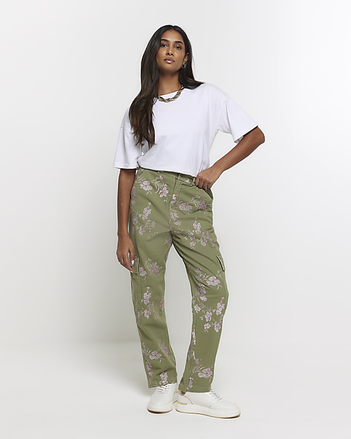 Khaki embroidered floral cargo trousers