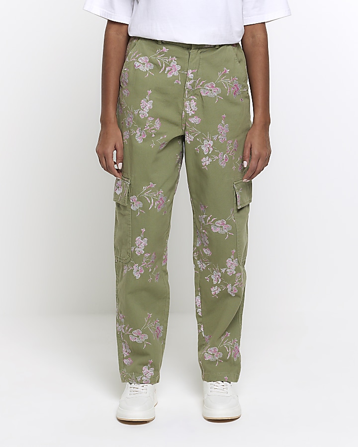 Khaki embroidered floral cargo trousers River Island