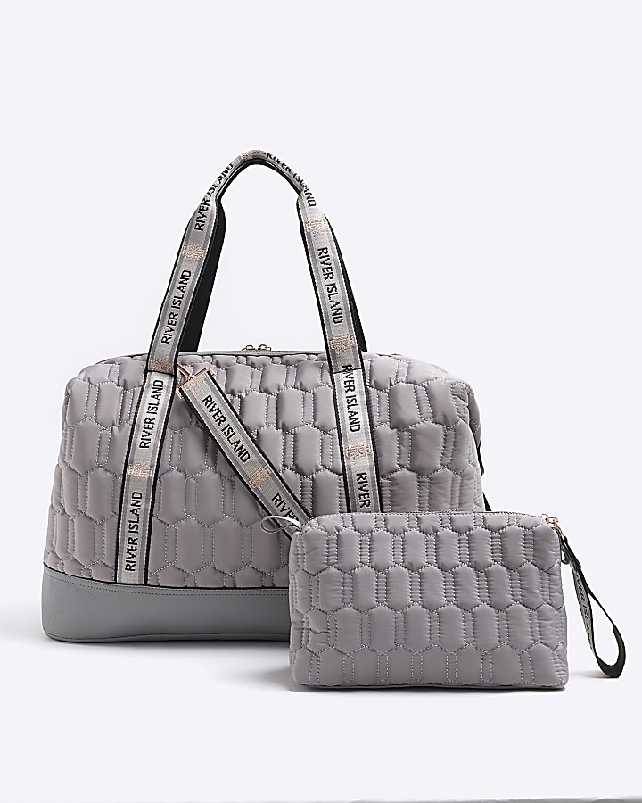 Grey quilted travel and makeup bag bundle