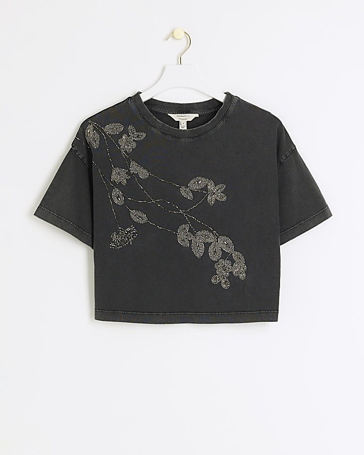 Grey floral embellished t-shirt