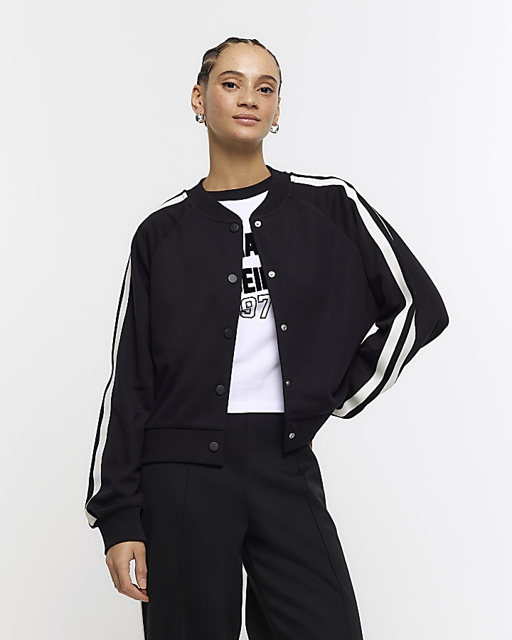 Black side stripe bomber sweatshirt