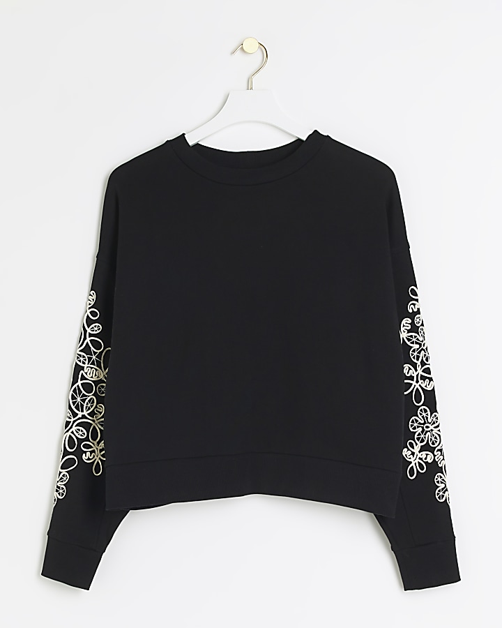Black embroidered floral sweatshirt