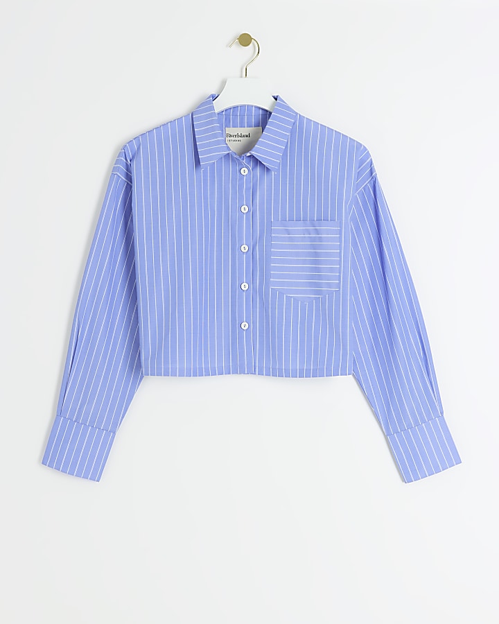 Petite blue stripe crop shirt