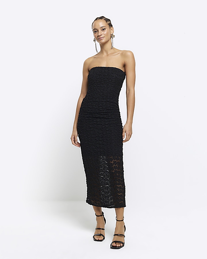 Black lace bandeau bodycon midi dress