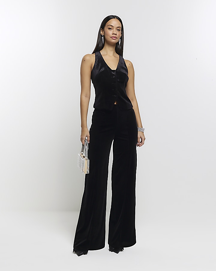 Black velvet wide leg trousers