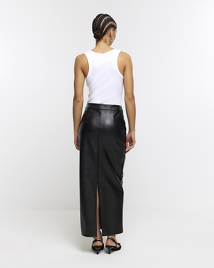Black faux leather tailored maxi skirt