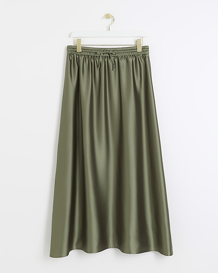 Khaki Satin Tie Waist Maxi Skirt | River Island