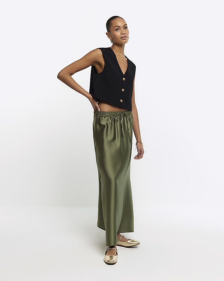 Khaki Satin Tie Waist Maxi Skirt