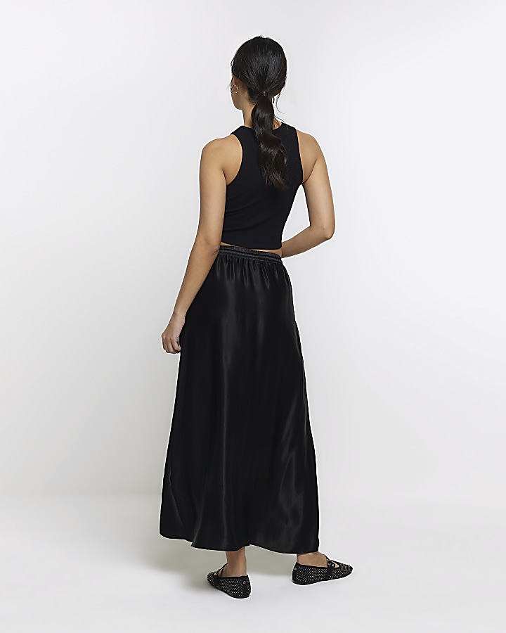 Black satin tie waist maxi skirt