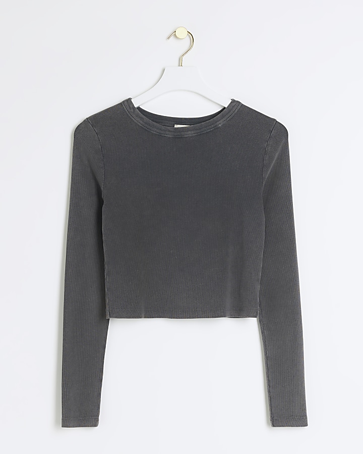 Grey Long Sleeve ribbed Cropped Top