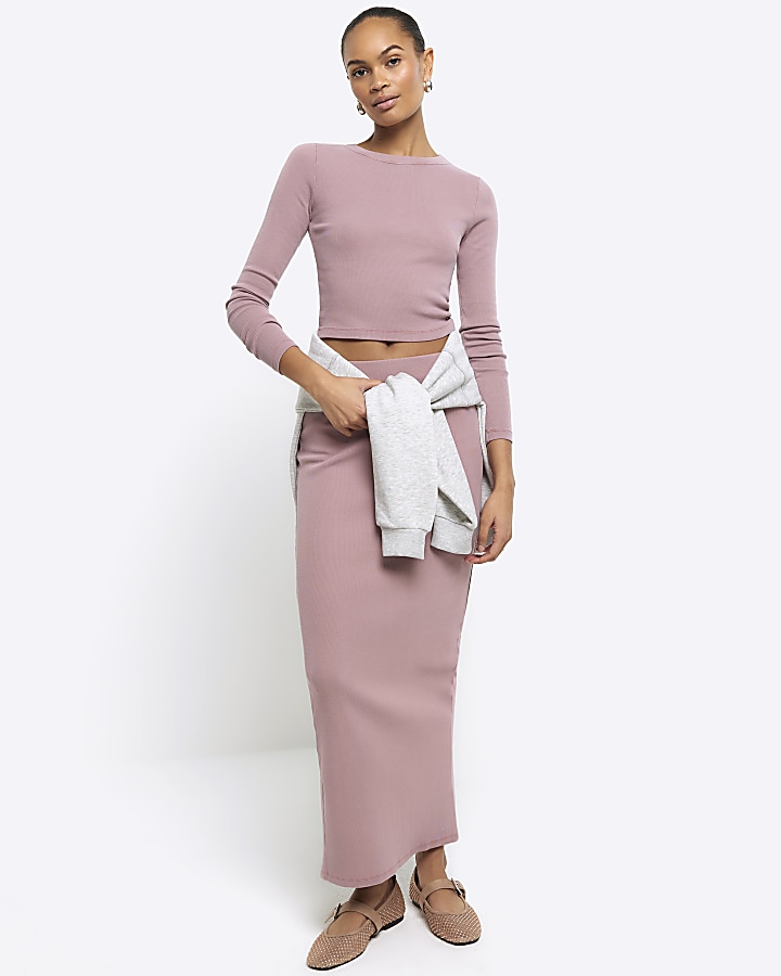 Pink rib pencil midi skirt