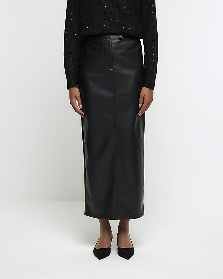 Black faux leather tailored midi skirt | River Island