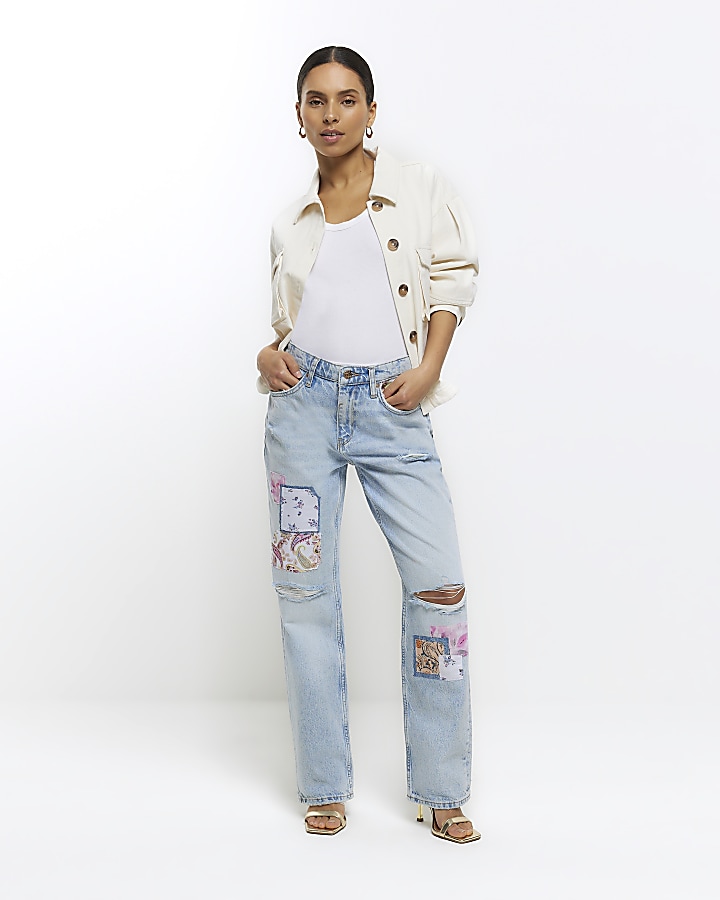 Petite blue patch stove straight jeans