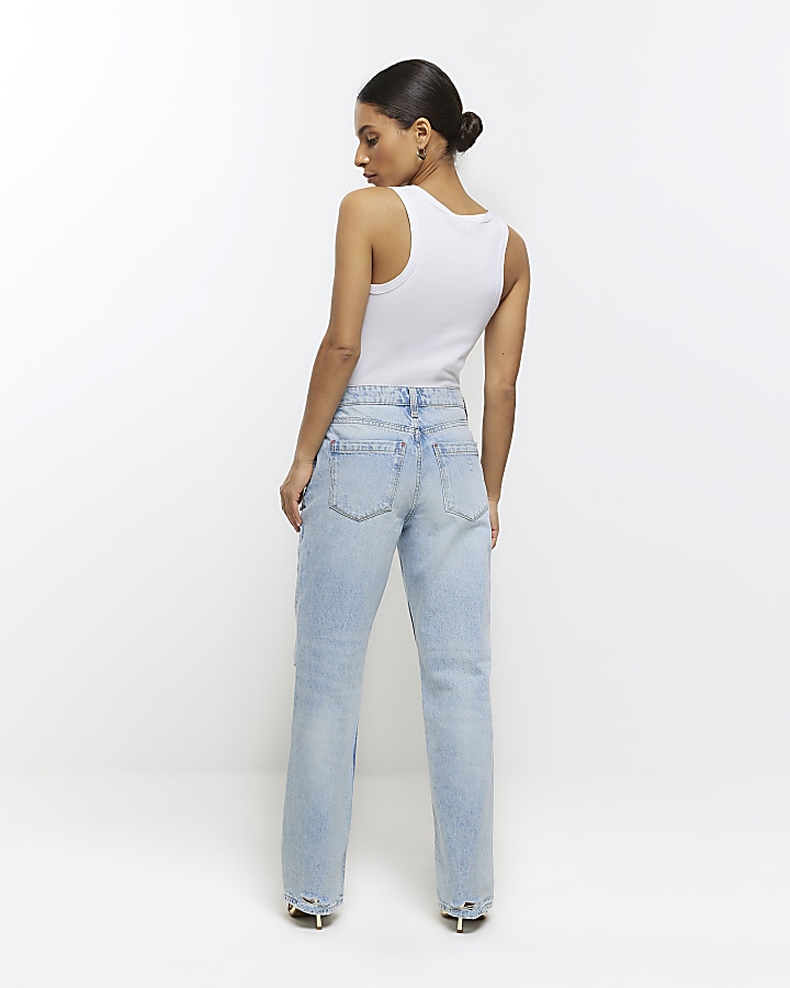Petite blue patch stove straight jeans