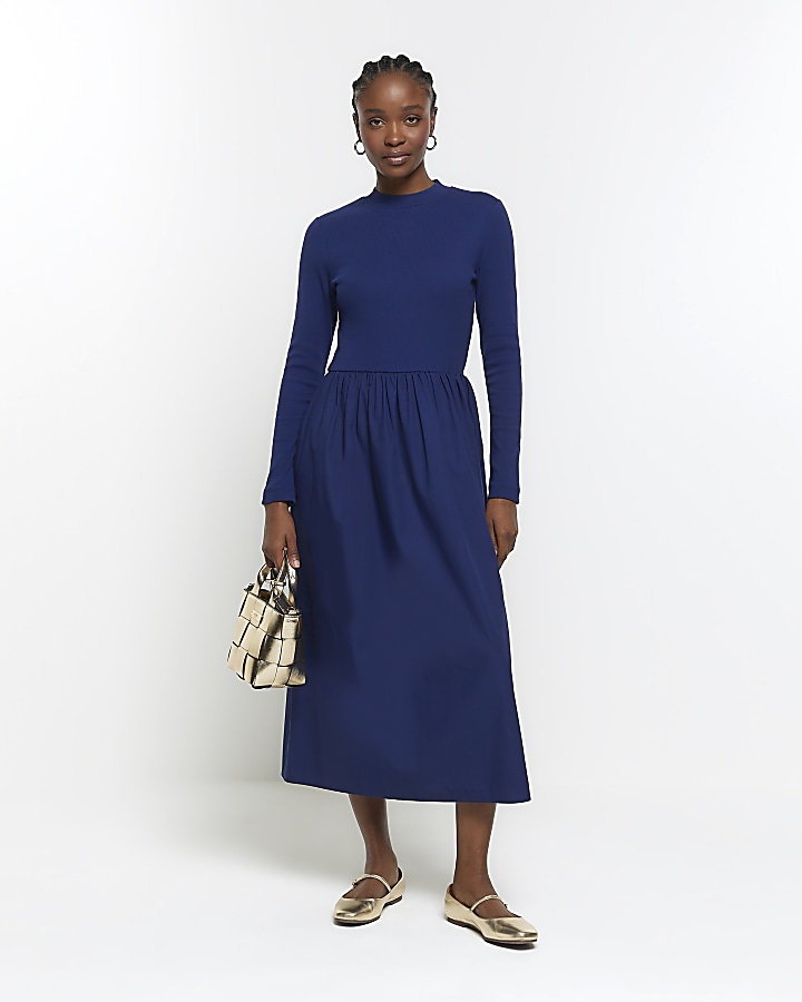 Navy Ribbed Midi Dress