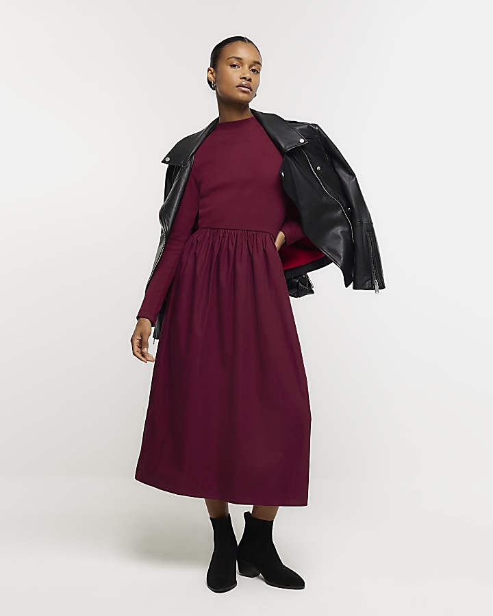 Red rib long sleeve smock midi dress River Island