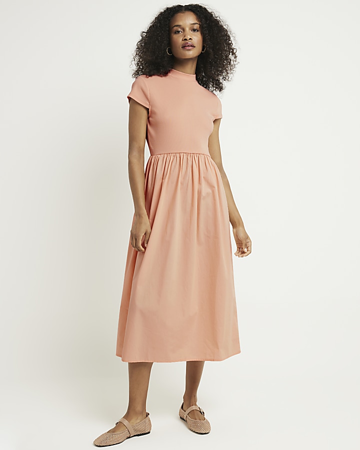 Pink rib short sleeve smock midi dress