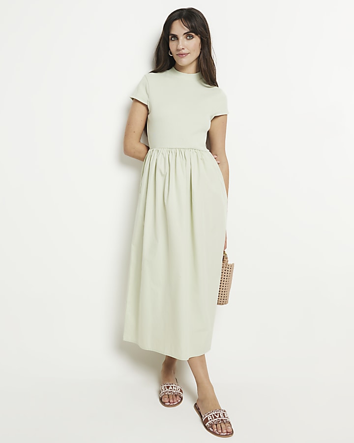 Green rib short sleeve smock midi dress