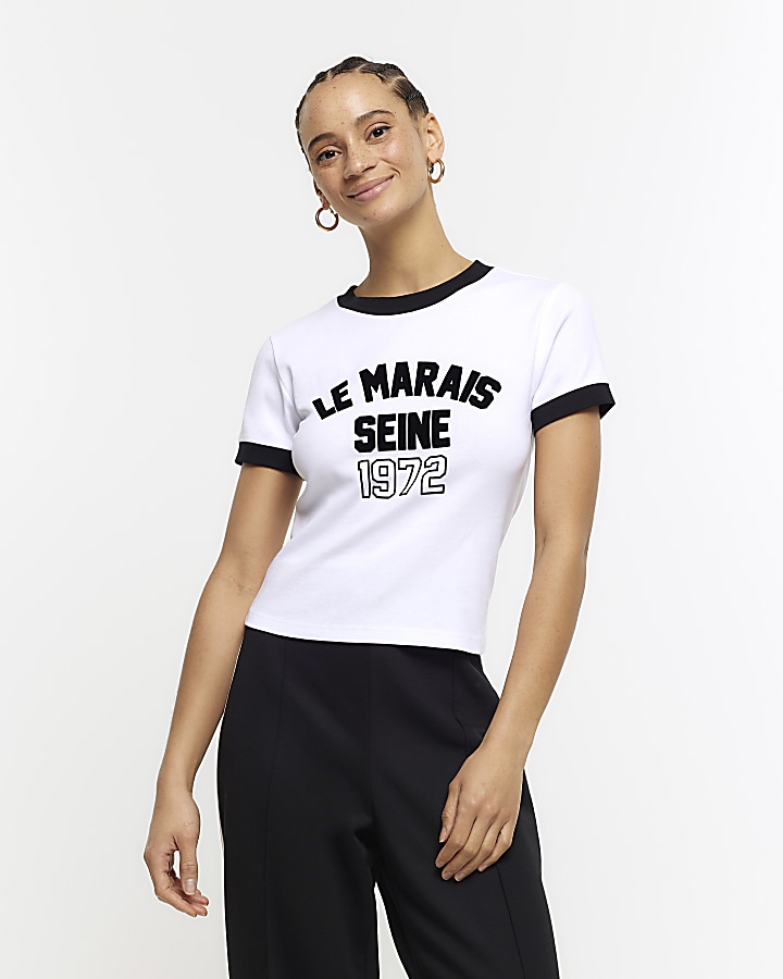 White graphic crop tshirt River Island