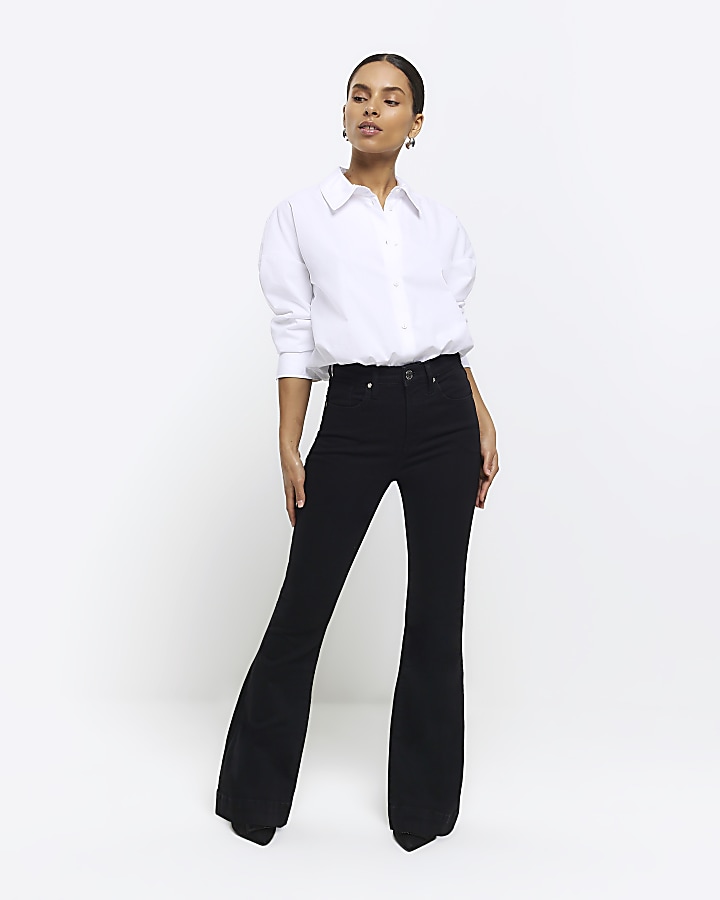 Petite black high waisted flare jeans