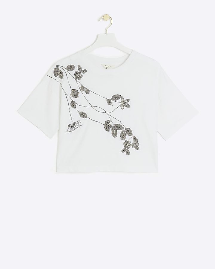 Beige floral embellished t-shirt