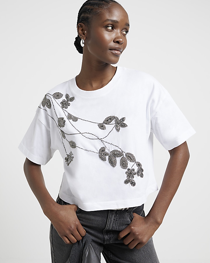 Ecru floral embellished t-shirt