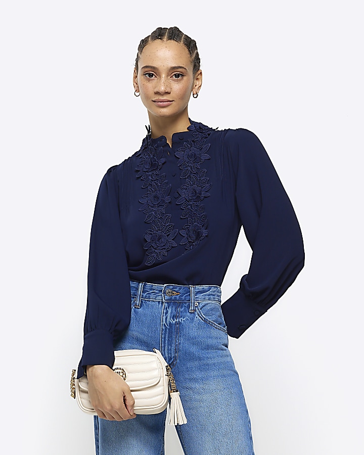 Navy floral long sleeve blouse