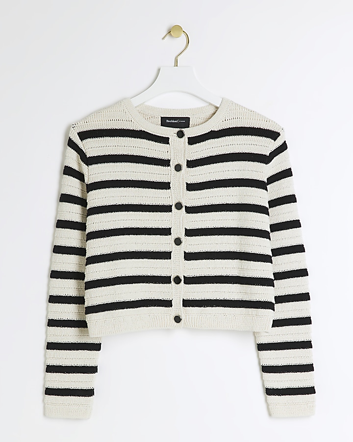 Petite black stripe textured knit cardigan