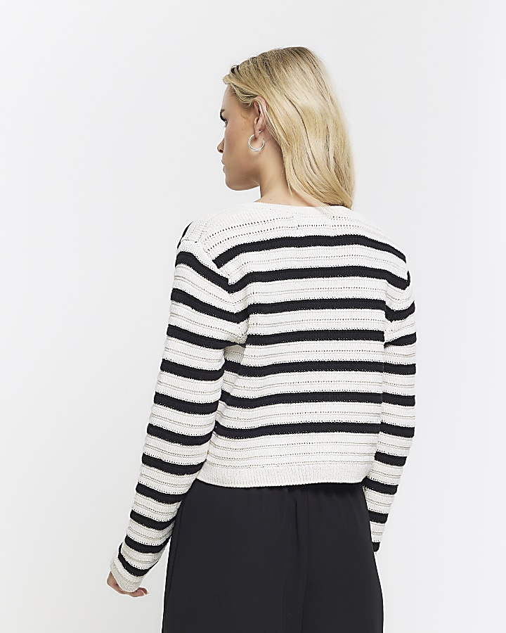 Petite black stripe textured knit cardigan
